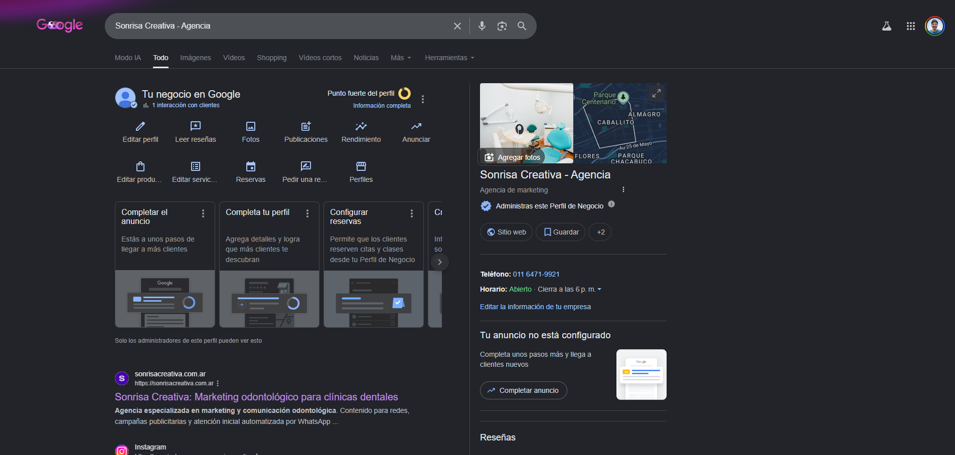 Vista en Google de la ficha de una empresa con el panel de administración