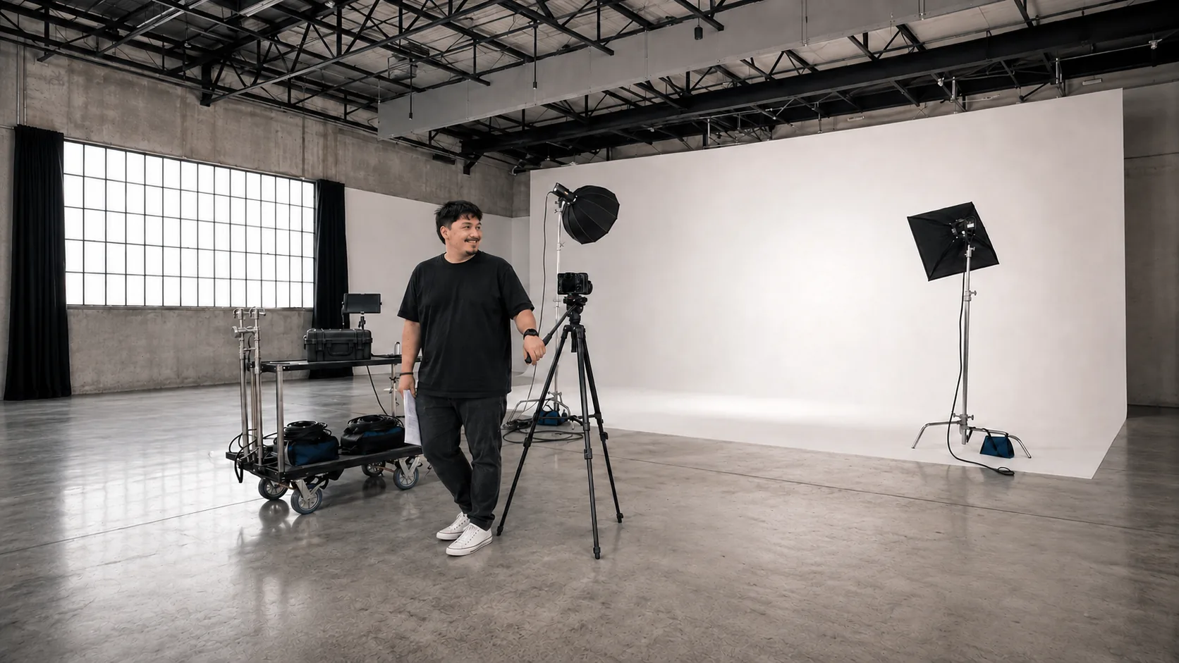 Edison Beni junto a la cámara, en un estudio con fondo blanco y luces